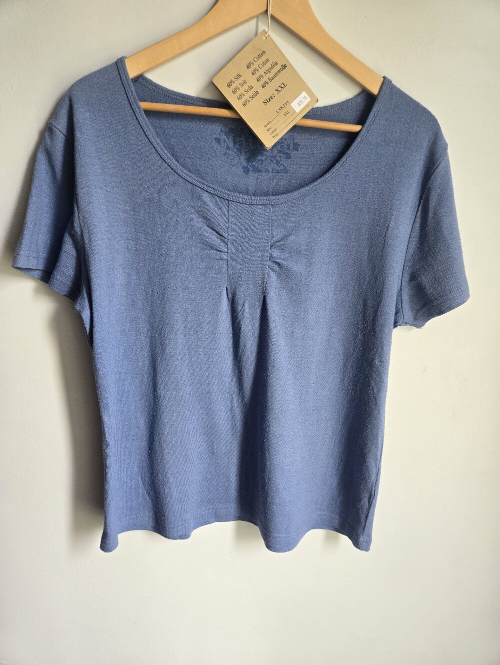 New The EARTH COLLECTION Blue Scoop Neck Short Sleeve Silk & Cotton Top - Picture 7 of 10